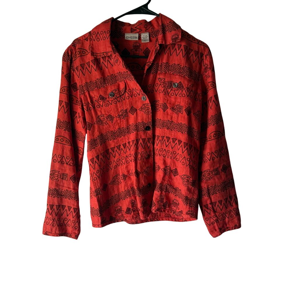 Chico’s 100% Linen Aztec Tribal Print Button Up Shirt Red‎ Black Size 0 XS